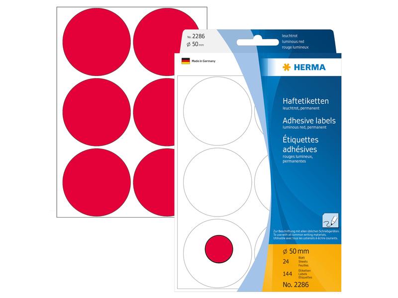 HERMA Étiquettes multi-usage 2286 Rouge lumineux Ø 50 mm, 24 Bl