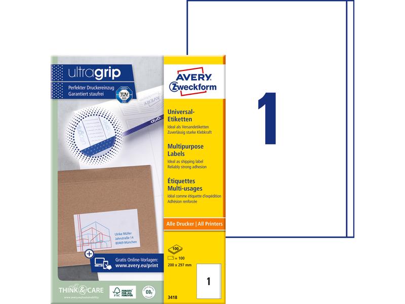 Avery Zweckform Étiquettes universelles 3418 200 x 297 mm, 100 feuille