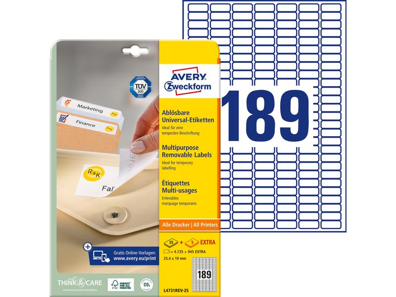 Avery Zweckform Mini-étiquettes Stick + Lift 25.4 x 10 mm, 25 feuille