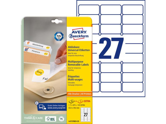 Avery Zweckform Étiquettes universelles Stick + Lift 63.5x29.6 mm, 30 feuille