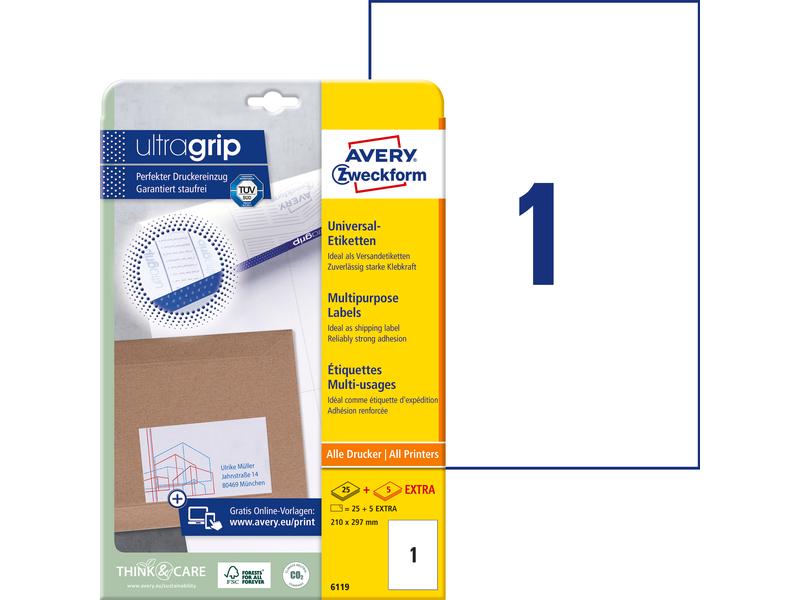 Avery Zweckform Étiquettes universelles 6119  210 x 297 mm, 30 feuille