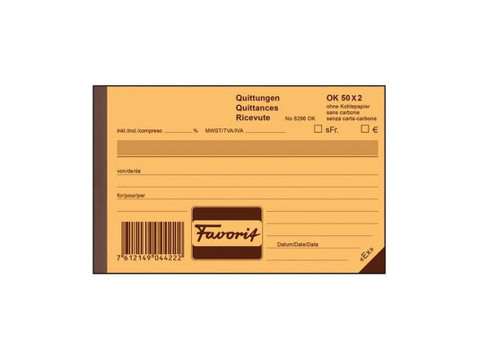 Favorit Cahier autocopiant A6 Quittances, D/F/I, 50 x 2 feuilles