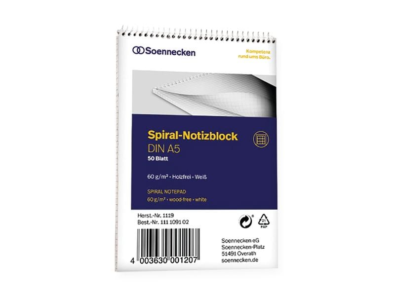 Soennecken Bloc-notes à spirale A5, 50 feuilles, quadrillées