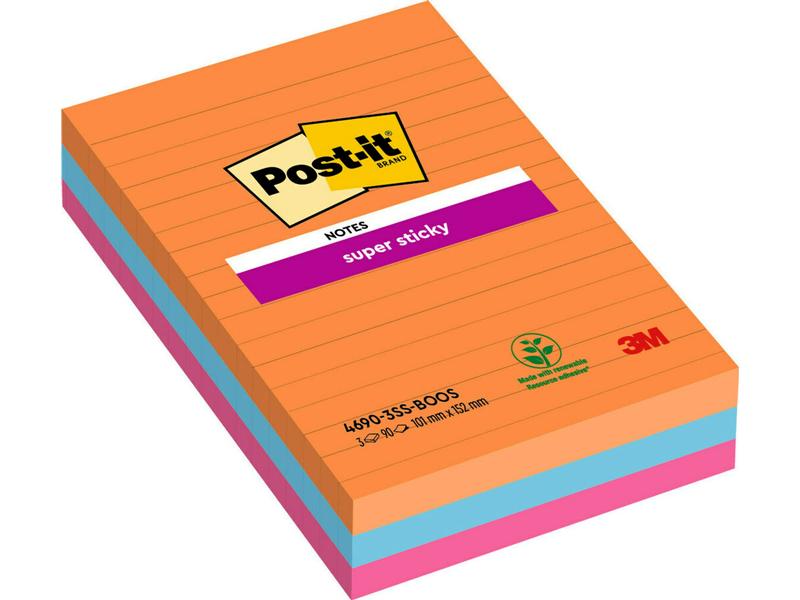 Post-it Fiche de bloc-notes Post-it Super Sticky Multicolore, ligné