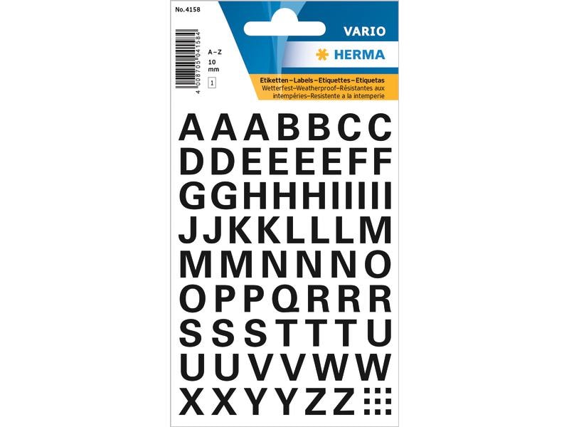 Herma Stickers Étiquettes porte-noms A – Z, 1 cm, noir, 74 lettres autocollantes