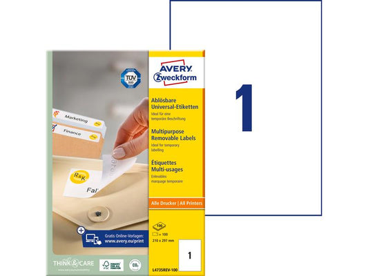 Avery Zweckform Étiquettes universelles Stick + Lift 210 x 297 mm, 100 feuille