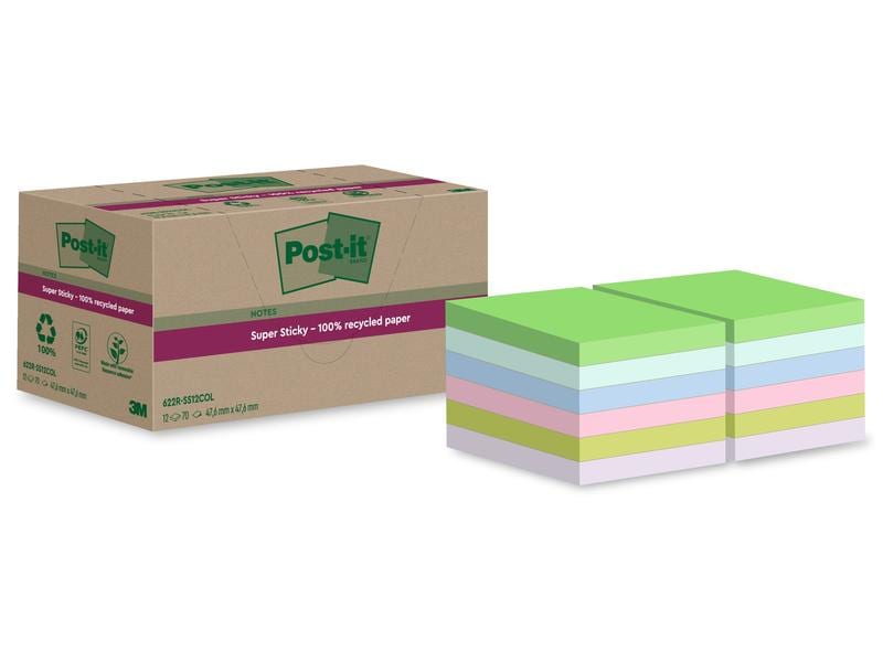 Post-it Fiche de bloc-notes Super Sticky Recycling, Multicolore, 12 blocs