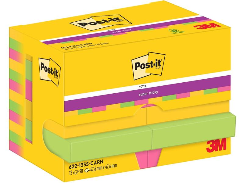 Post-it Fiche de bloc-notes Super Sticky 47 x 47 mm, Carnival, 12 blocs