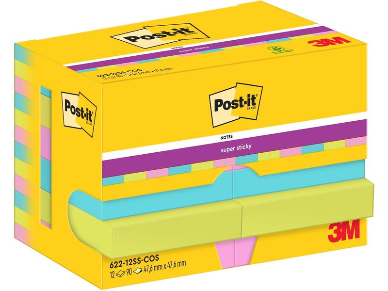 Post-it Fiche de bloc-notes Super Sticky 47 x 47 mm, Cosmic, 12 blocs