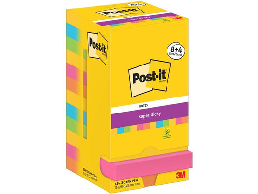 Post-it Fiche de bloc-notes Super Sticky 76 x 76 mm, Carnival, 12 blocs