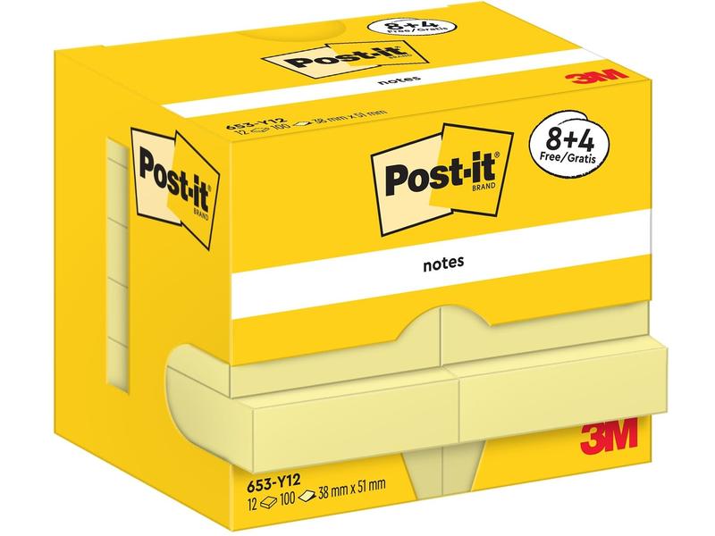 Post-it Fiche de bloc-notes 51 x 38 mm, Jaune, 12 blocs