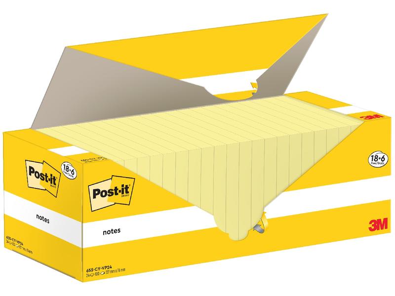 Post-it Fiche de bloc-notes 3M, 76 x 127 mm, 18+6 blocs, jaune