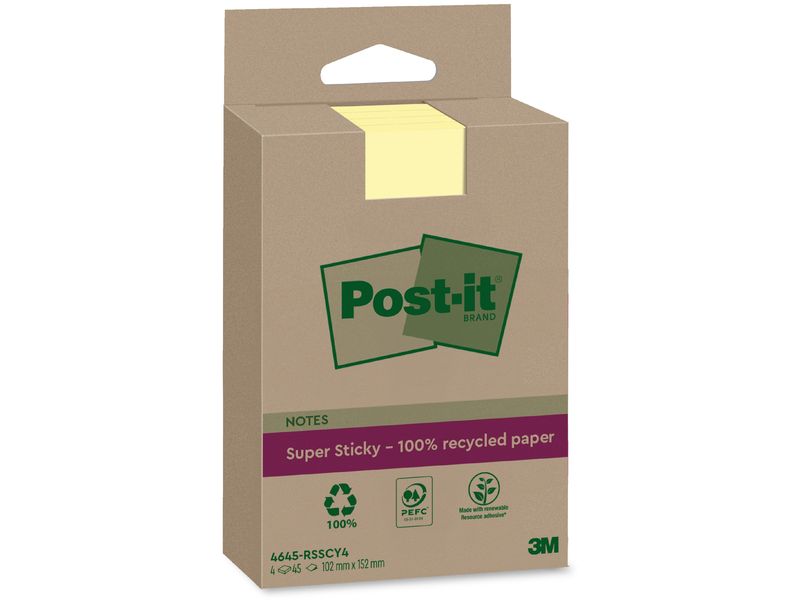Post-it Fiche de bloc-notes 3M Notes de recyclage 4 blocs, jaune, lignés