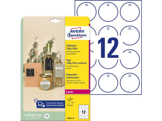 Avery Zweckform Étiquettes suspendues Tags 60 mm, 10 feuilles, 120 pièces