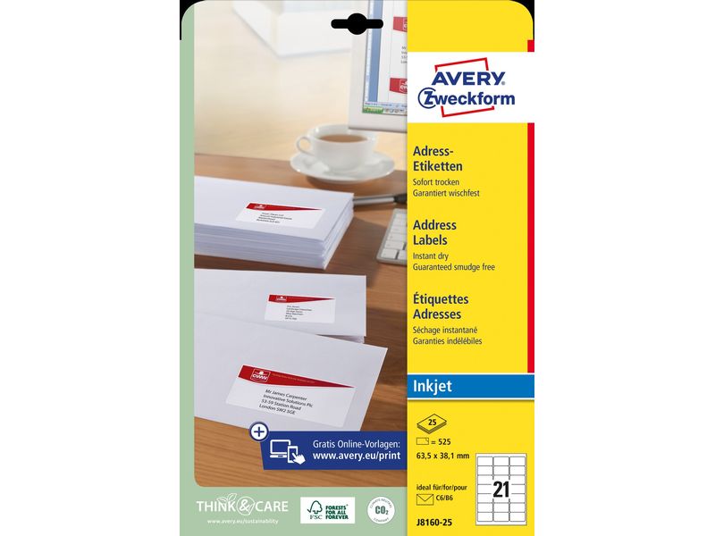 Avery Zweckform Étiquettes d’adresse 63.5 x 38.1 mm, 25 feuilles, blanc