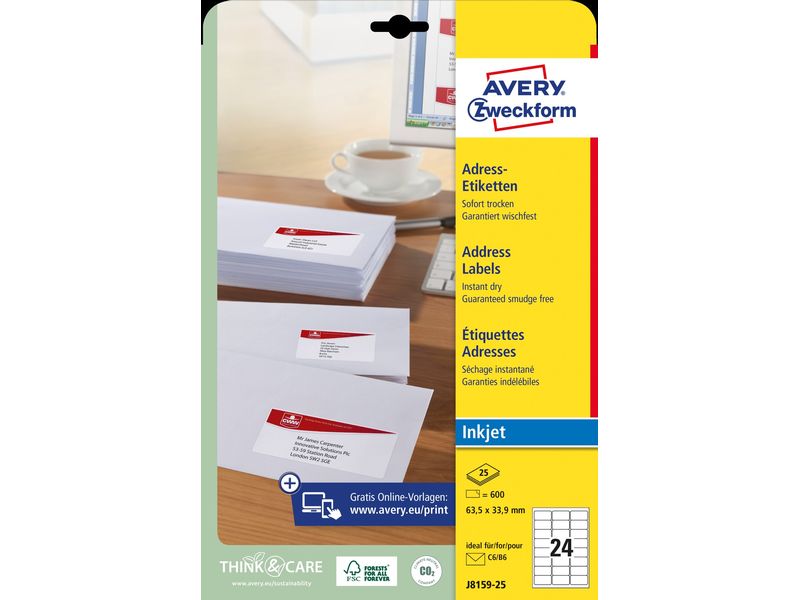 Avery Zweckform Étiquettes d’adresse 63.5 x 33.9 mm, 25 feuille