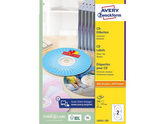 Avery Zweckform Étiquettes pour CD L6043-100 Ø 117 mm