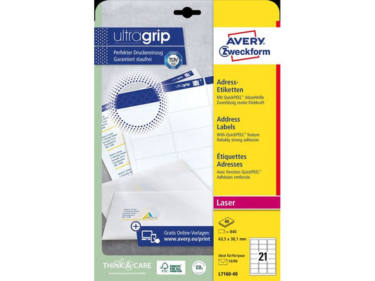 Avery Zweckform Étiquettes d’adresse Ultragrip 63.5 x 38.1 mm, 40 feuille