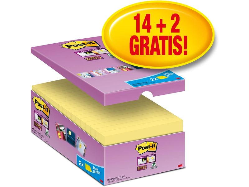 Post-it Fiche de bloc-notes Super Sticky 16 blocs, 7,6 cm x 12,7 cm,Jaune