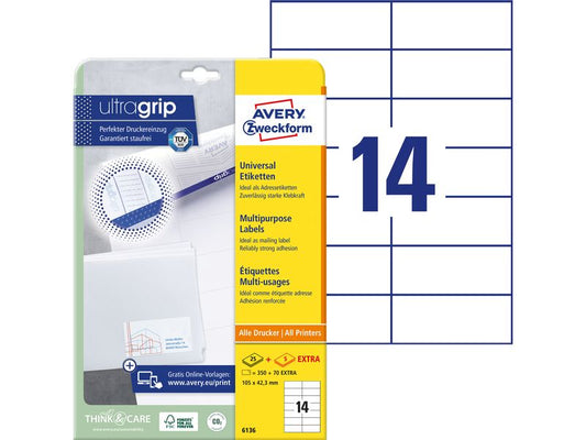 Avery Zweckform Étiquettes universelles 6136, 105 x 42.3 mm, 30 feuille