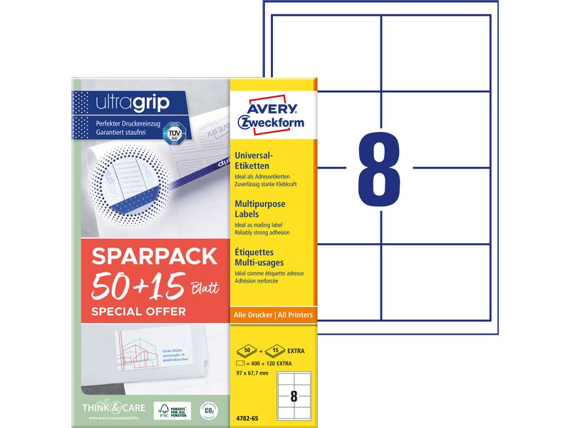 Avery Zweckform Étiquettes universelles 4782-65, 97 x 67.7 mm, 65 feuille
