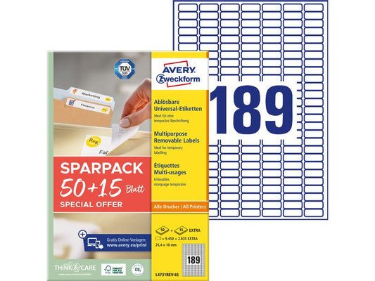 Avery Zweckform Étiquettes universelles L4731REV-65, 25.4 x 10 mm, 65 feuille