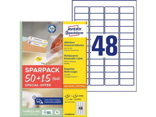 Avery Zweckform Étiquettes universelles L4736REV-65, 45.7 x 21.2 mm, 65 feuille