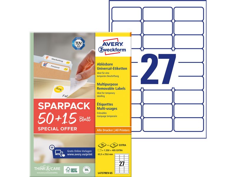 Avery Zweckform Étiquettes universelles L4737REV-65, 63.5 x 29.6 mm, 65 feuille