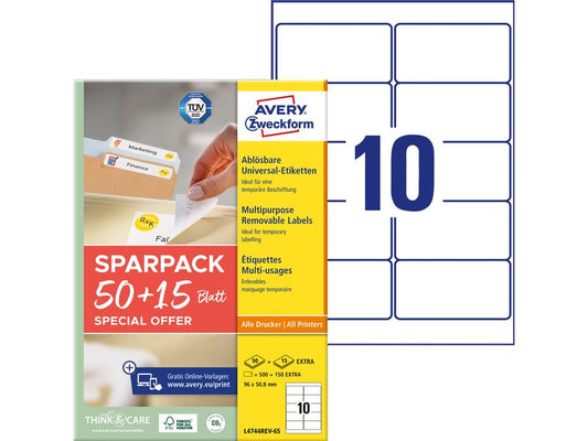 Avery Zweckform Étiquettes universelles L4744REV-65, 96 x 50.8 mm, 65 feuille