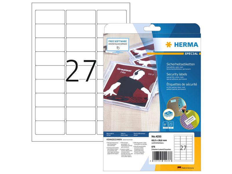 HERMA Étiquettes de sécurité 4233  63.5 x 29.6 mm