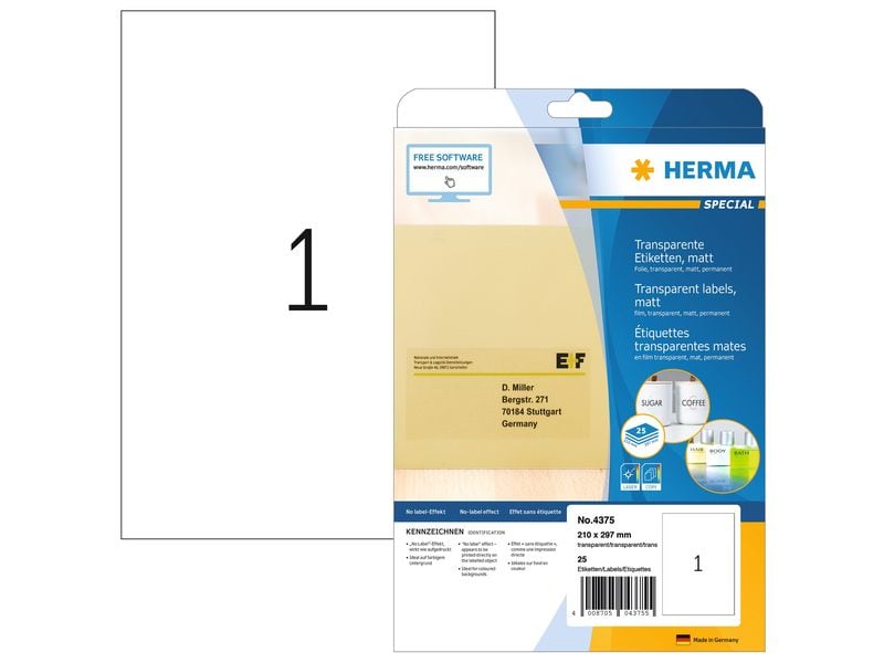 HERMA Étiquettes universelles A4 transparent, résistant aux intempéries, 25 étiquettes