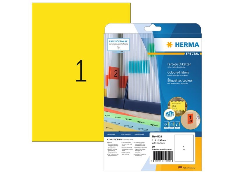HERMA Étiquettes universelles A4 détachable 210 x 297 mm Jaune, 20 feuilles