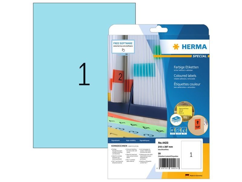 HERMA Étiquettes universelles A4 détachable 210 x 297 mm Bleu, 20 feuilles