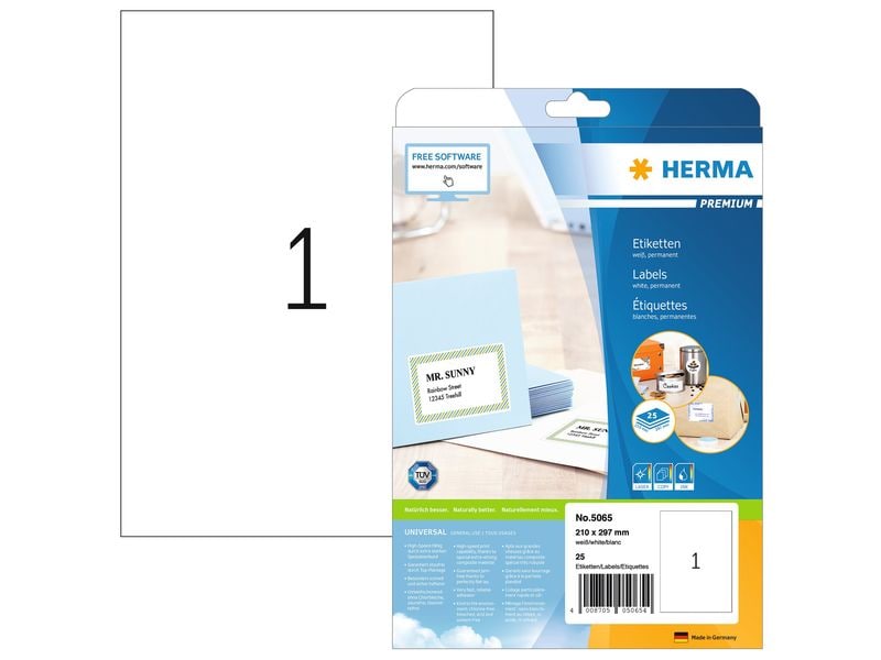 HERMA Étiquettes universelles Premium, 21 x 29.7 cm, 25 étiquettes