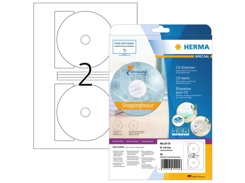 HERMA Étiquettes pour CD 5115 Ø 116 mm Blanc, 25 feuilles