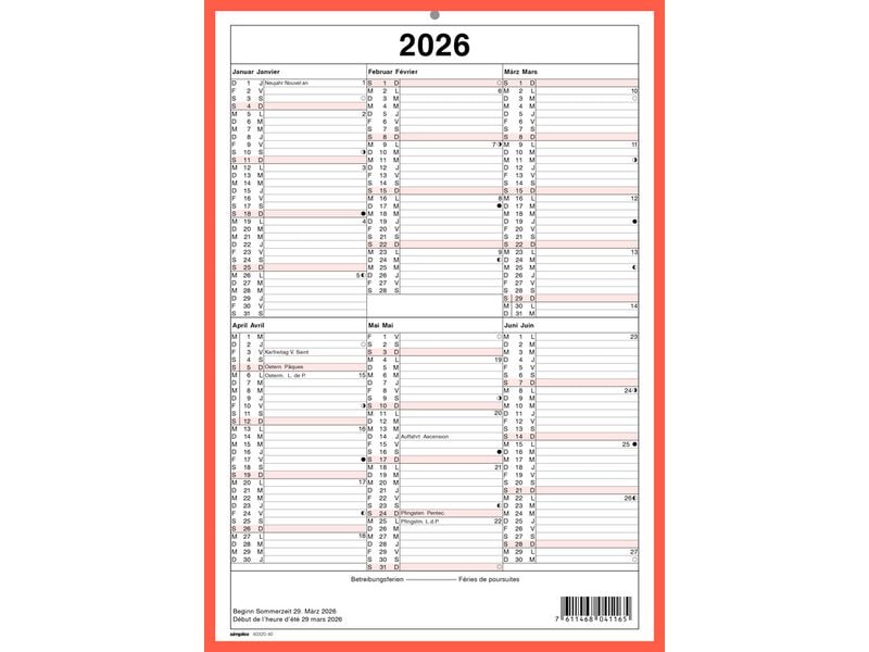 Simplex Calendrier sans les jours de fête A4 portrait, 2026