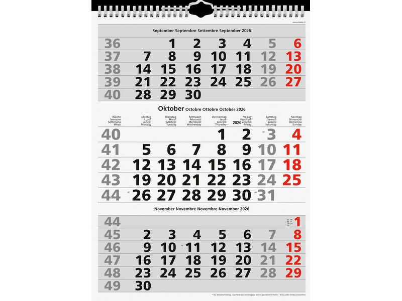 Simplex calendario di 3 mesi avec reliure à spirale 2026, 31 x 40 cm, rouge
