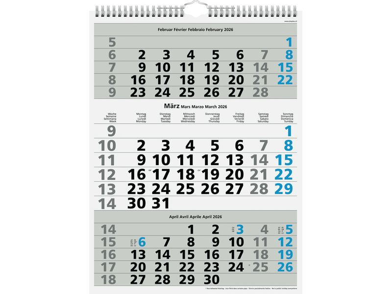 Simplex calendario di 3 mesi avec reliure à spirale 2026, 31 x 40 cm, Bleu
