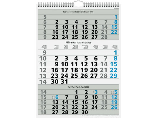Simplex calendario di 3 mesi avec reliure à spirale 2026, 31 x 40 cm, Bleu