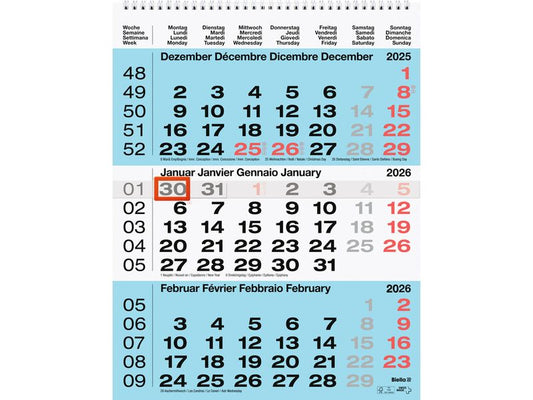 Biella calendario di 3 mesi 2026 31 x 40 cm, bleu