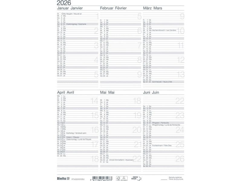 Biella Calendario della lavagna Calendrier tableau I D/F, A4, 6 mois par page