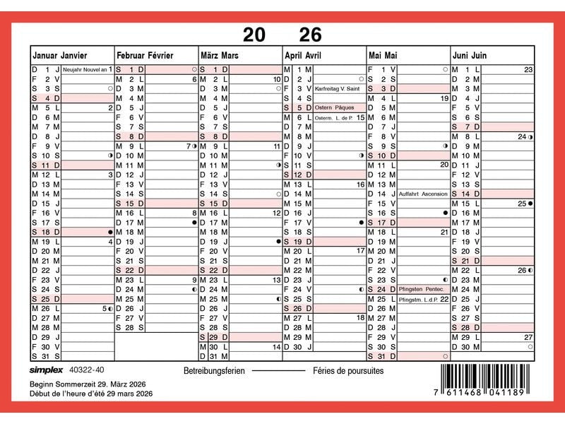 Simplex Calendrier sans les jours de fête A6 paysage, 2026
