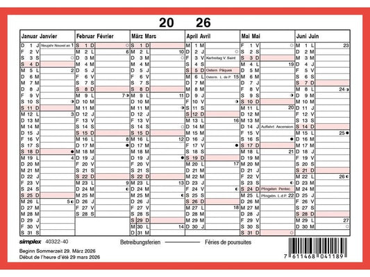 Simplex Calendrier sans les jours de fête A6 paysage, 2026