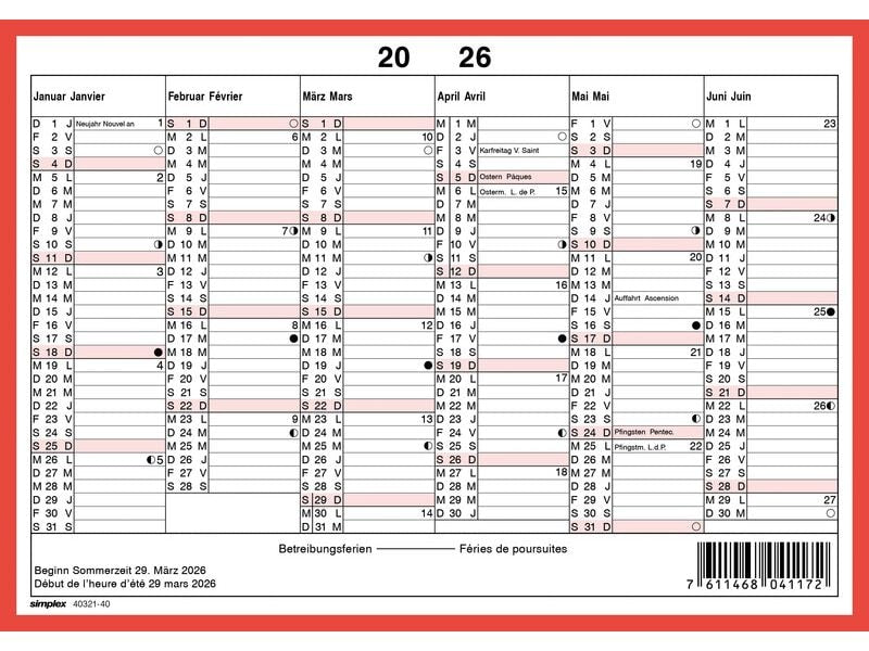 Simplex Calendrier sans les jours de fête A5 paysage, 2026