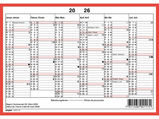 Simplex Calendrier sans les jours de fête A5 paysage, 2026