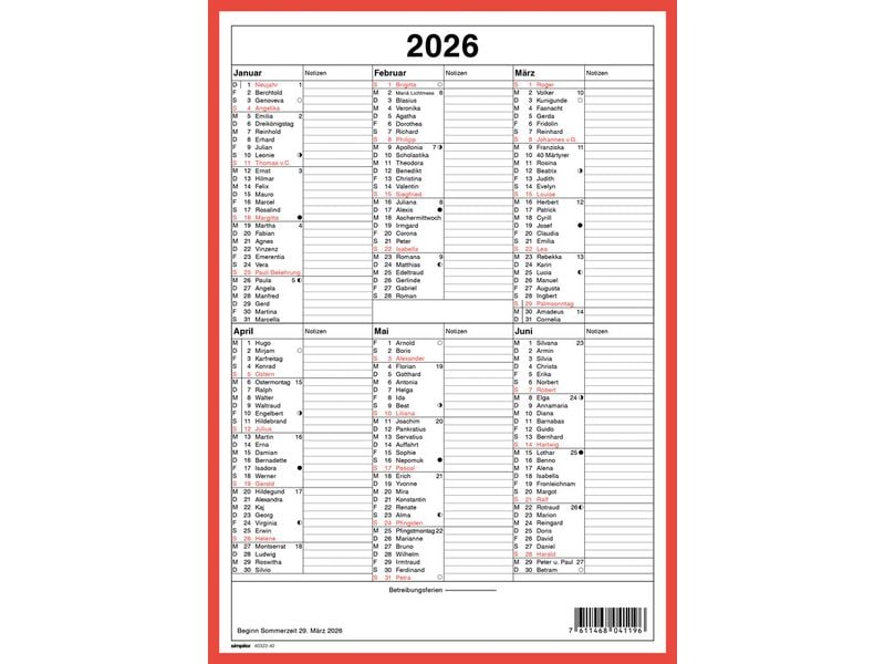 Simplex Calendrier avec les anniversaires A4 portrait, 2026