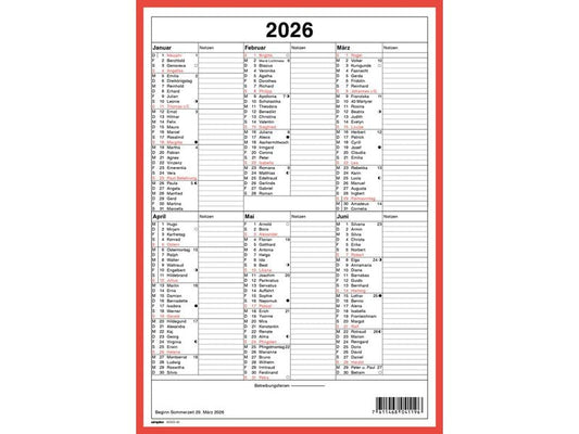 Simplex Calendrier avec les anniversaires A4 portrait, 2026