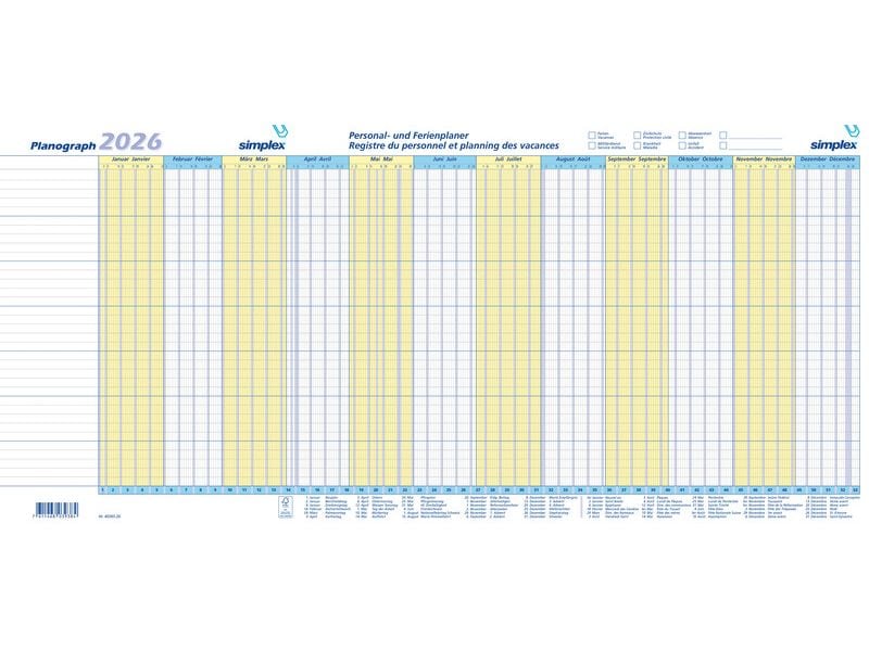Simplex Pianificatore annuale Planographe 2026, 64 x 29.6 cm, 10 pièces