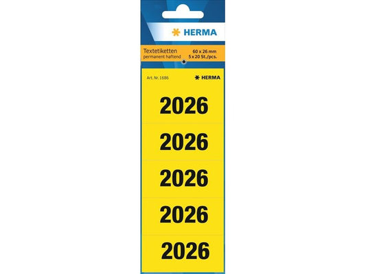 HERMA Étiquettes à classeur Chiffres annuels 2026 60x26 mm, jaune, 100 pièces