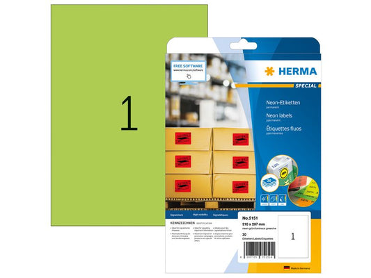 HERMA Étiquettes en néon A4 210 x 297 mm, vert fluo, 20 pièces